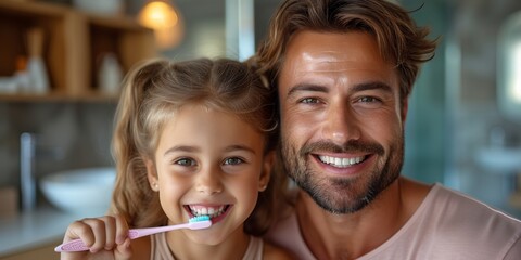 In a touching family portrait at home, a cheerful father and daughter practice their morning oral hygiene, radiating happiness and togetherness.