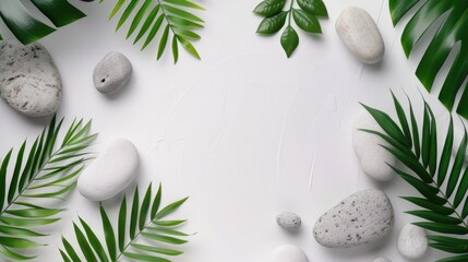 Fototapeta na wymiar Modern White Background With Pabble Stones And Green Leaves