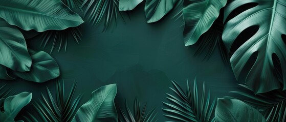 Ultrawide Dark Green Background With Trpical Flowers Leaves