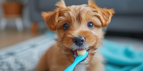 In the cute portrait, the little puppy looks adorable while holding a toothbrush, highlighting the need for oral hygiene for pets.