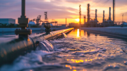 Water flowing from the pipes of an oil and gas power plant in the evening, water mains failure
