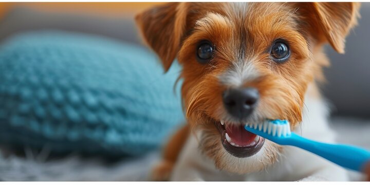 The colorful image shows a happy puppy enjoying his oral hygiene, showcasing the bond between pets and their owners.