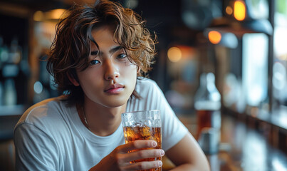 A handsome asian man with dark complexion enjoying Cola drink at a trendy outdoor bar or cafe.Generative AI - obrazy, fototapety, plakaty