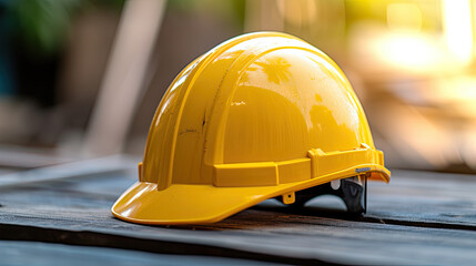 Yellow safety helmet or hardhat for the construction worker placed on the ground of construction site, Standard construction safety. Industrial protective gear on wooden table