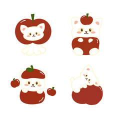 Set of Cat in Apple Illustration, Spring Sticker Edition 4, Cute Animal Clip Art, Fruit Design Vector,  Vegetable Icon, Food Doodle, Harvest Hand Drawn