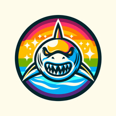 Stylized Shark Illustration with Vibrant Rainbow Circle, Modern Artistic Aquatic Design