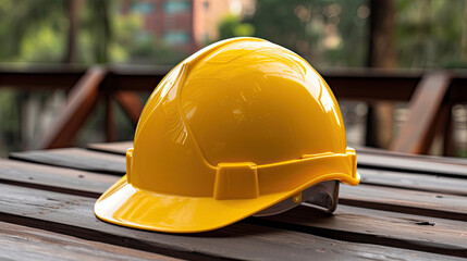 Yellow safety helmet or hardhat for the construction worker placed on the ground of construction site, Standard construction safety. Industrial protective gear on wooden table