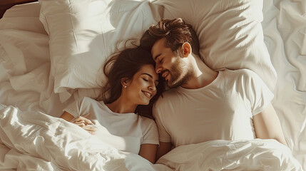 Young beautiful and loving couple wake up while lying on white pillows under the covers on soft white bed at the morning

