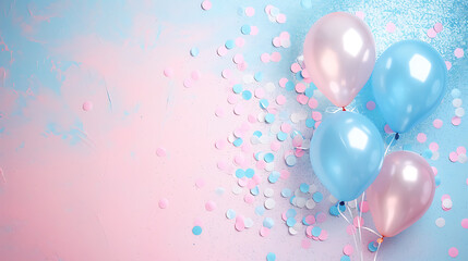 Gender reveal balloons and glitter-themed invitation for a baby shower, featuring pink and blue elements for a birthday party card.