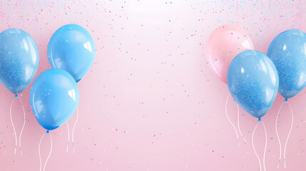 Gender reveal balloons and glitter-themed invitation for a baby shower, featuring pink and blue elements for a birthday party card.