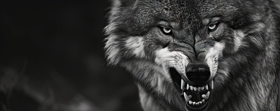 Aggressive wolf head detail in black and white color.