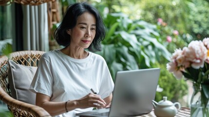 fashion photography, mature woman with short black hair, dressed trendy fashion oversized t-shirt, works on her laptop on a terrace equipped with woven rattan furniture.