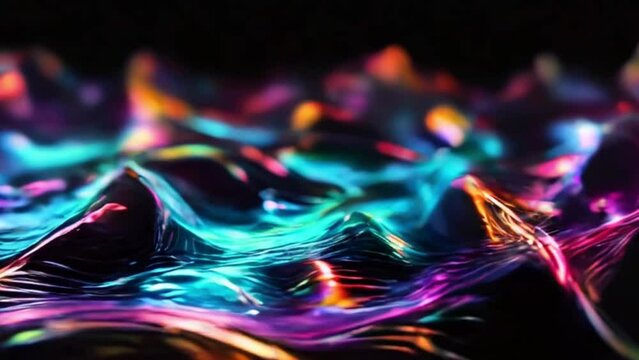 Video. Abstract background, neon waves on a black background. AI generative. The video shows neon waves moving on a black background. Background for advertising.