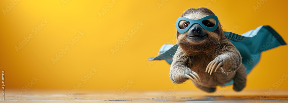 Wall mural Sloth in superhero costume, blue cape, yellow background