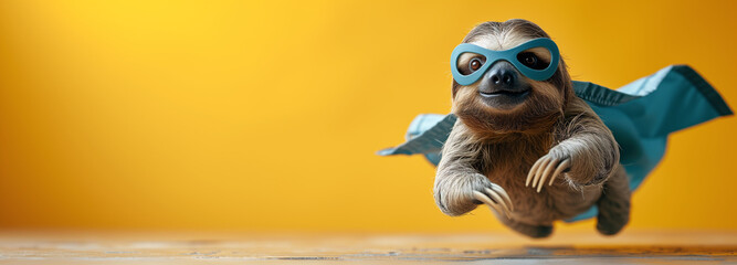 Sloth in superhero costume, blue cape, yellow background