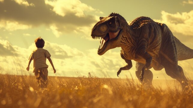 An image showing a boy and a Tyrannosaurus Rex running together on a plain in grassland