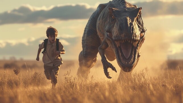 An image showing a boy and a Tyrannosaurus Rex running together on a plain in grassland