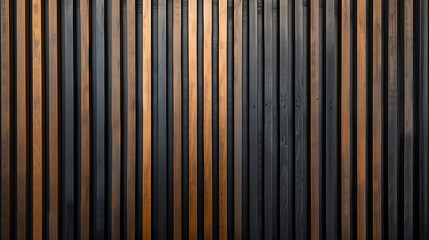 Contemporary acoustic panel with vertical wooden pattern showcasing alternating color tones, creating a dynamic interplay of light and dark.Idea for wall decoration, wallpaper, covering, or background
