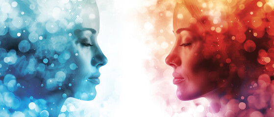 Artistic representation of a woman's profile with contrasting cool and warm tones, symbolizing the emotional spectrum of bipolar disorder.