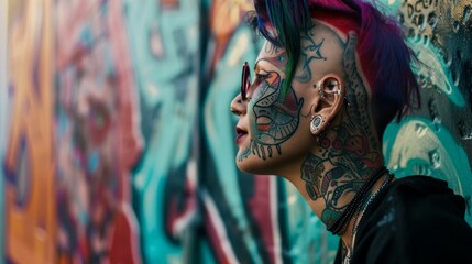 Fototapeta na wymiar Expressing Unique Style - Colorful Face Tattoos Against Graffiti Wall AI Generated
