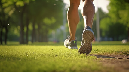 Close-up of man's legs walk in the nature park. Workout in the morning outdoors - obrazy, fototapety, plakaty