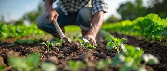 Fototapeta premium Man Kneeling in Field With Shovel