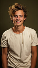 Naklejka premium Young man exudes pure joy as he dons brilliant smile, embodying transformative experience