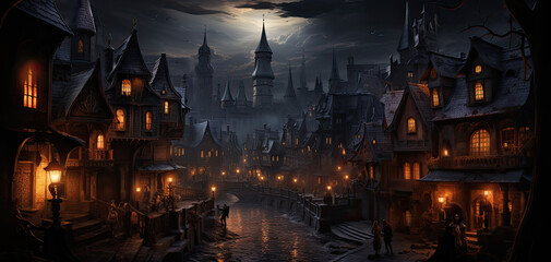 Fototapeta na wymiar Enchanting beauty of medieval city at night, illuminated by the soft glow of moon and street lights