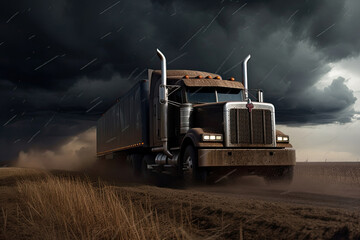 Massive truck effortlessly maneuvers down rugged dirt road, surrounded by untouched beauty of nature, under brooding cloudy sky. - obrazy, fototapety, plakaty