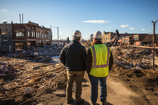 Two construction professionals are standing amidst the debris of a disaster-struck area, evaluating the progress of recovery operations as the day nears its end