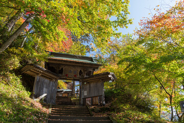 日本　福島県河沼郡柳津町にある福満虚空蔵菩薩、円蔵寺の福満門と紅葉