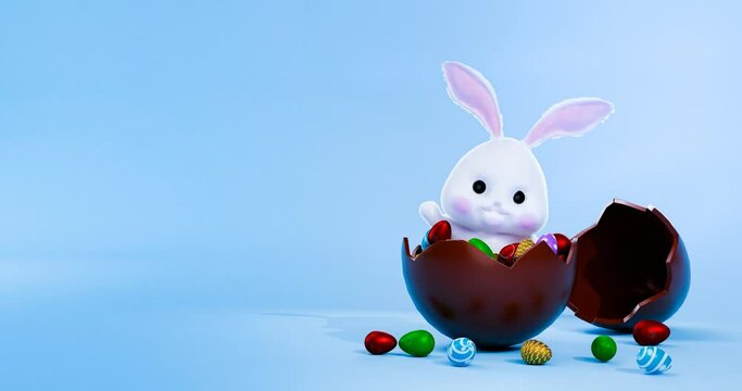 Many easter eggs in a large egg That is chocolate. White rabbit or bunny, pink speckled cheeks, soft, fluffy fur. Blue background. 3d rendering