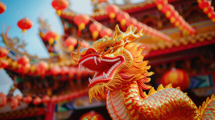 Fototapeta premium A detailed sculpture of a Chinese dragon adorned with festive decorations. Chinese New Year celebration and culture.