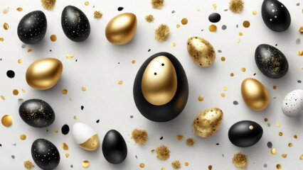 Stylish golden and black eggs easter concept. golden confetti white background. Flat lay trendy easter. Happy easter card.