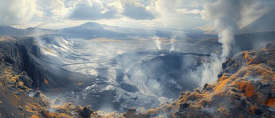 Aerial View of Volcano With Billowing Steam