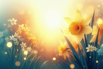 Fototapeta premium Yellow spring flowers daffodils daffodils with bright sun rays.