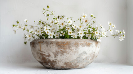 Fototapeta na wymiar a big earthy pot vase with wedding flowers , springh flowers , card