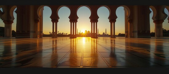 Beautiful view reflective tiles at mosque entrance at sunrise background landscape. Generated AI - obrazy, fototapety, plakaty