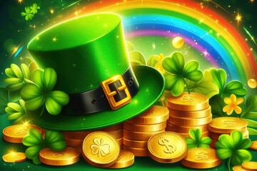 Happy St. Patrick's Day background green shamrock hat full gold coins rainbow. - obrazy, fototapety, plakaty