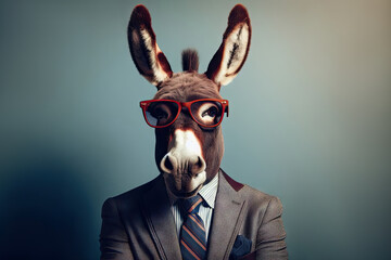 stylish portrait dressed up imposing anthropomorphic donkey wearing glasses and suit on background with copy space.