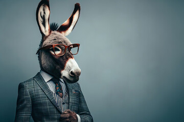 stylish portrait dressed up imposing anthropomorphic donkey wearing glasses and suit on background with copy space. - obrazy, fototapety, plakaty