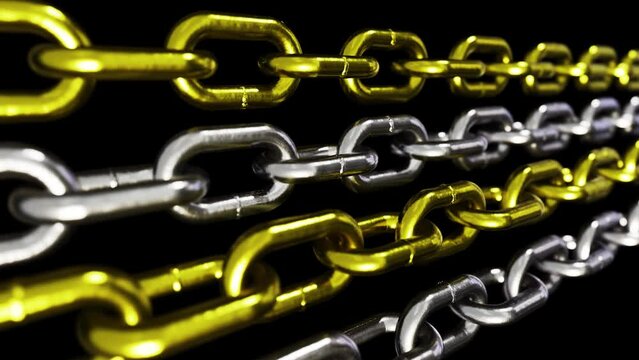 Realistic looping 3D animation of the opposite moving stainless steel and gold chains rendered in UHD with alpha matte