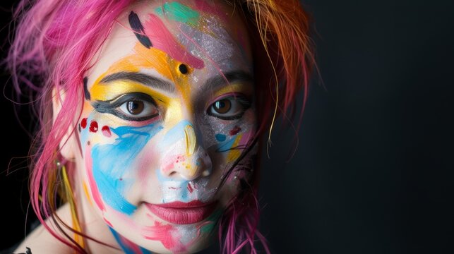 Creative Face Paint Headshot with Vibrant Colors on Black Background AI Generated.