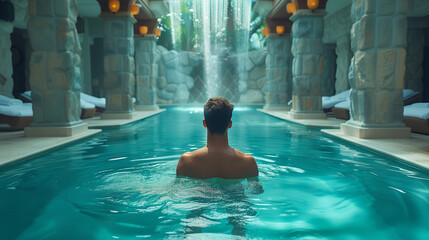 man swimming in the pool of spa wellness centre