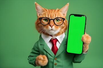 Portrait of a dressed cat with a smartphone with a green screen on a green background. Playground AI platform.