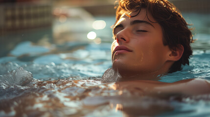 man relaxing in the pool in the spa centre and wellness