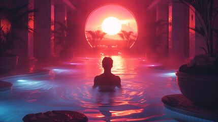 man relaxing in the pool in the spa centre wellness