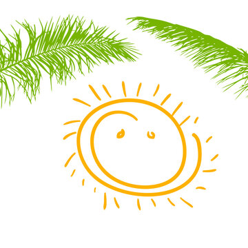 Cheerful sun and palm tree. hand drawing. Not AI. Vector illustration