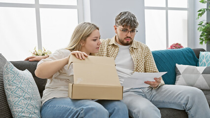 Concerned young couple examines paperwork on a sofa indoors, holding a package in a well-lit living...