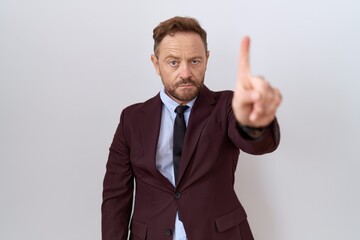Middle age business man with beard wearing suit and tie pointing with finger up and angry expression, showing no gesture